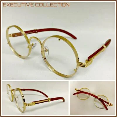 Men Classy Elegant Retro Clear Lens EYE GLASSES Unique Round Gold & Wooden Frame