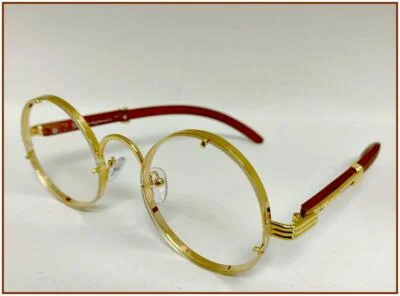 Men Classy Elegant Retro Clear Lens EYE GLASSES Unique Round Gold & Wooden Frame 2