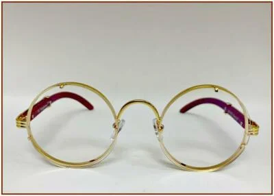 Men Classy Elegant Retro Clear Lens EYE GLASSES Unique Round Gold & Wooden Frame 3