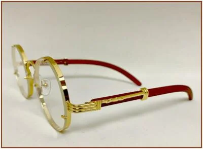 Men Classy Elegant Retro Clear Lens EYE GLASSES Unique Round Gold & Wooden Frame 4