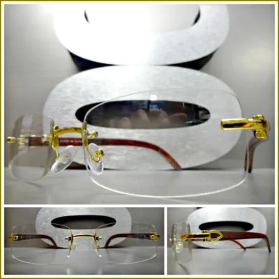 Men Classy SOPHISTICATED Clear Lens EYE GLASSES Rimless Gold & Wood Wooden Frame