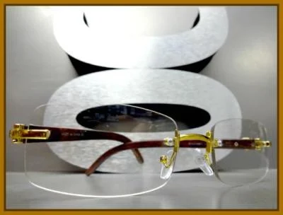 Men Classy SOPHISTICATED Clear Lens EYE GLASSES Rimless Gold & Wood Wooden Frame 2