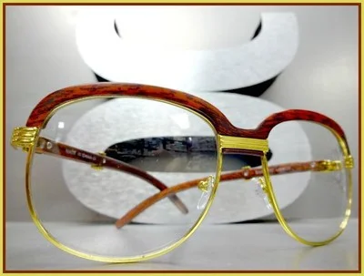 Mens CLASSY 70s Retro Style Clear Lens EYE GLASSES Gold & Faux Wood Wooden Frame 2