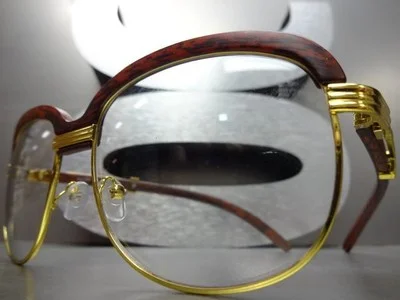 Mens CLASSY 70s Retro Style Clear Lens EYE GLASSES Gold & Faux Wood Wooden Frame 3