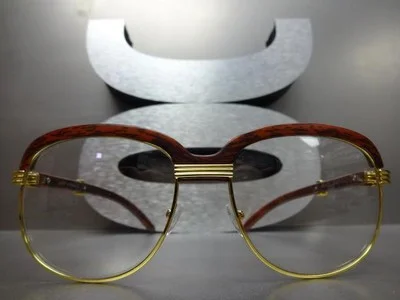 Mens CLASSY 70s Retro Style Clear Lens EYE GLASSES Gold & Faux Wood Wooden Frame 4