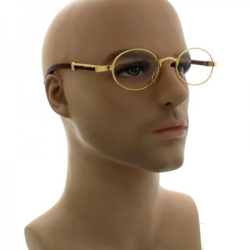 Mens CLASSY MODERN Clear Lens EYE GLASSES Oval Gold & Wood Wooden Effect Frame