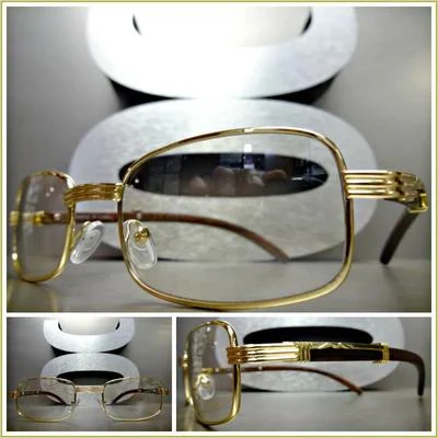 Mens CLASSY Style Clear Lens EYE GLASSES Gold & Wood Wooden Effect Fashion Frame