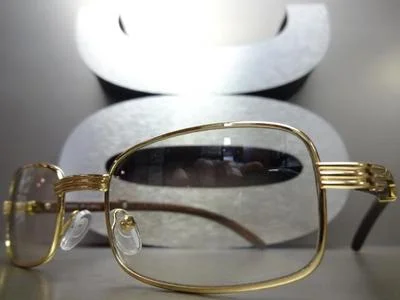 Mens CLASSY Style Clear Lens EYE GLASSES Gold & Wood Wooden Effect Fashion Frame 2