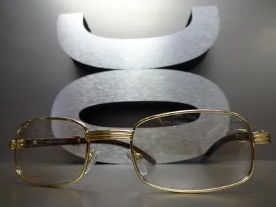 Mens CLASSY Style Clear Lens EYE GLASSES Gold & Wood Wooden Effect Fashion Frame 3