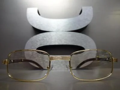 Mens CLASSY Style Clear Lens EYE GLASSES Gold & Wood Wooden Effect Fashion Frame 4