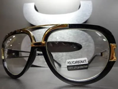 Mens or Women VINTAGE Cool RETRO Style Clear Lens EYE GLASSES Black & Gold Frame 3