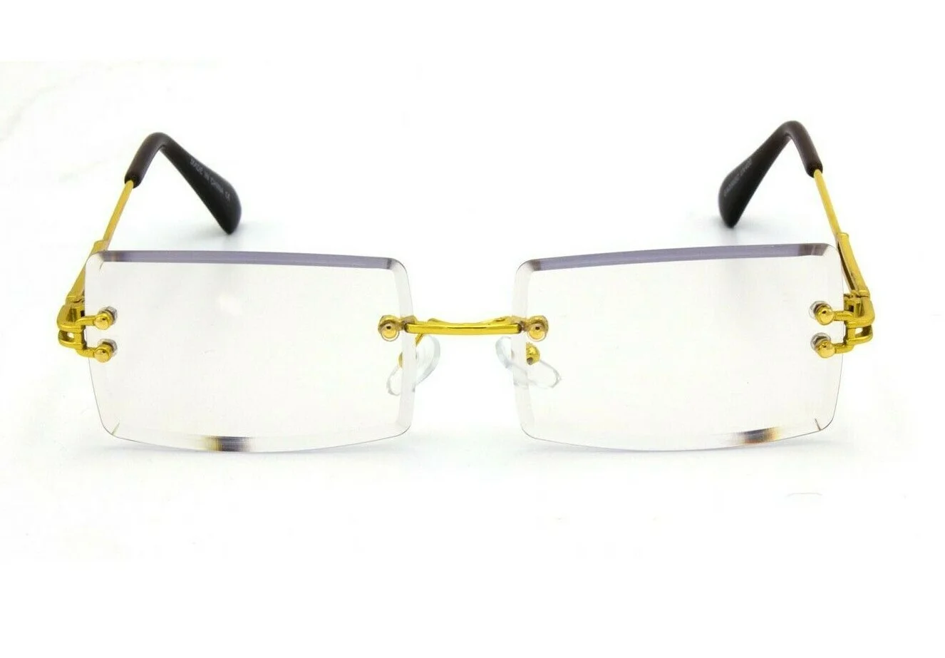 Mens Small Rectangular Sophisticated Gold Clear Lens Square Rimless Eye Glasses 4