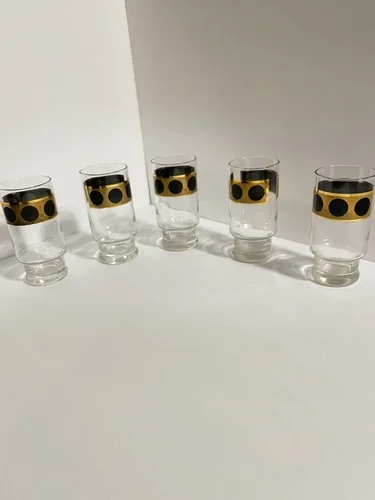 Mid Century Retro barware set of 5 highball glasses gold and black trim