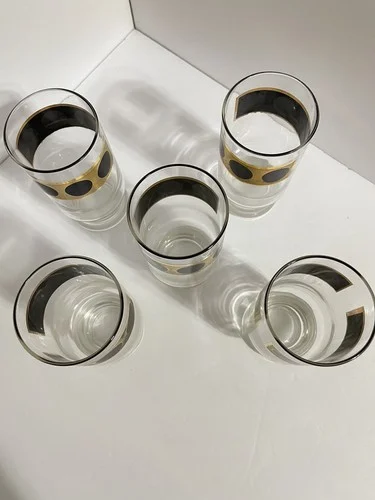 Mid Century Retro barware set of 5 highball glasses gold and black trim 2