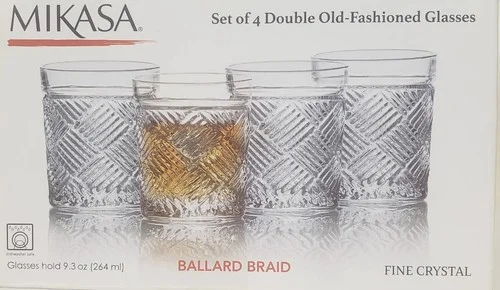 Mikasa 9oz Drinking Glasses Double Old Fashioned Ballard Braid Set of 4 Crystal