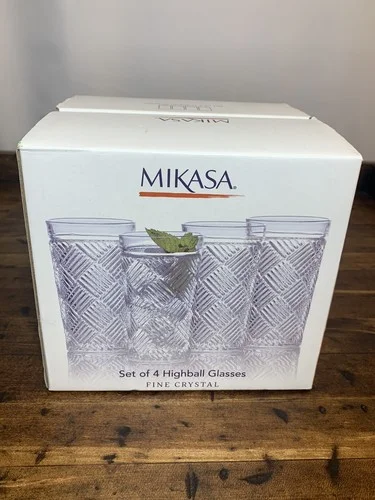 MIKASA / Ballard Braid Crystal Highball Glasses / New In Box / Set of 4