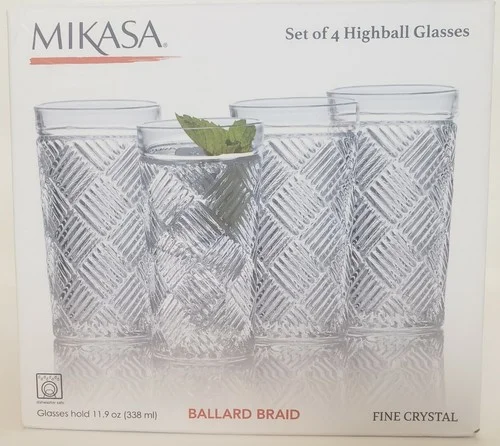 Mikasa Highball Drinking Glasses Ballard Braid Set of 4 Fine Crystal 11.9 0z