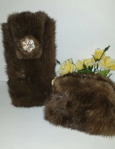 Mink Fur Brown Eyeglass Case & Matching Change Purse with Rhinestones