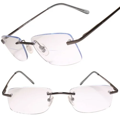 Modern Rimless Gunmetal Rectangle Blue Tinted Lens 1.75 Reading Sun Glasses