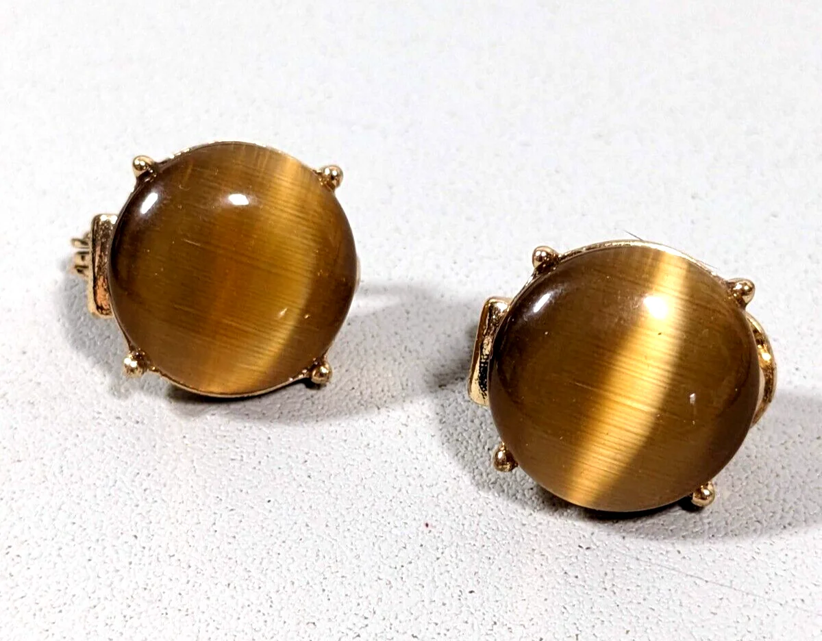 Monet Brown Cats Eye Glass Cabochon Round Stud Clip On Earrings