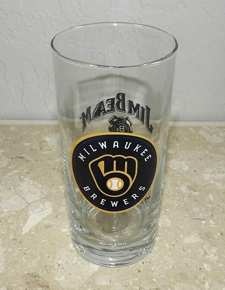 New 2022 Milwaukee Brewers Baseball & Jim Beam Highball Glass MLB Brewers Logo