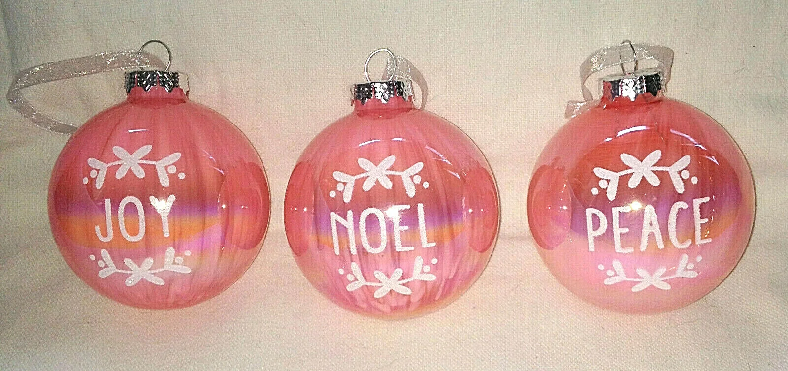 New 3 PINK Glitter Stencil Scene SAYINGS Glass Xmas Ornaments NOEL PEACE JOY