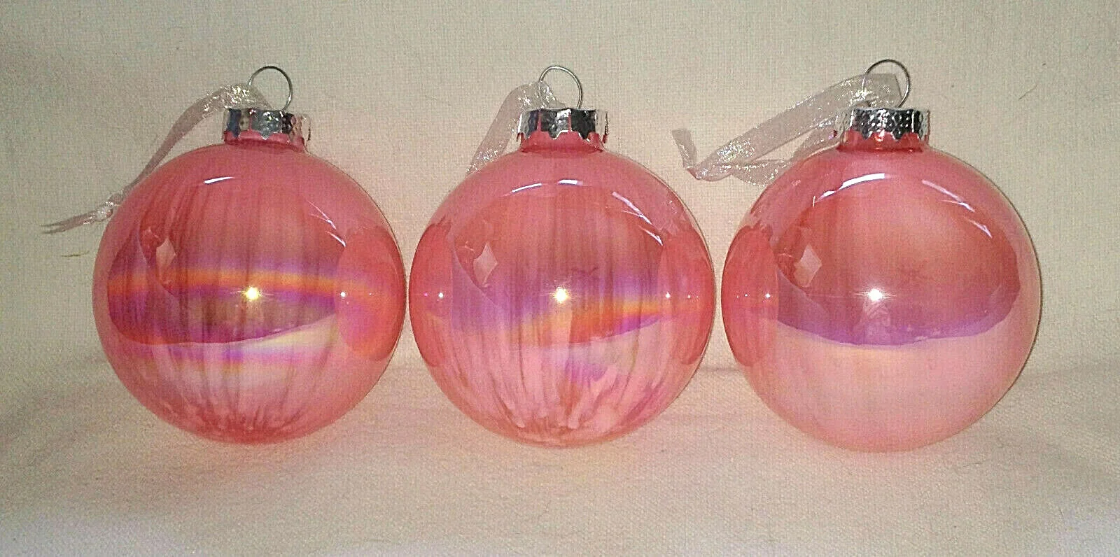 New 3 PINK Glitter Stencil Scene SAYINGS Glass Xmas Ornaments NOEL PEACE JOY 2