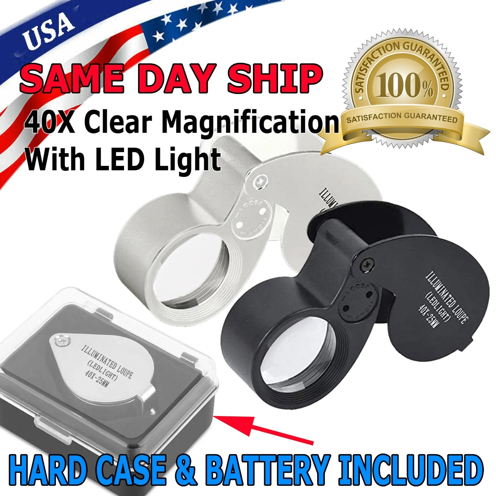 New 40X Magnifying Loup Eye Glass Magnifier LED Light Jewelers Loop US Stock