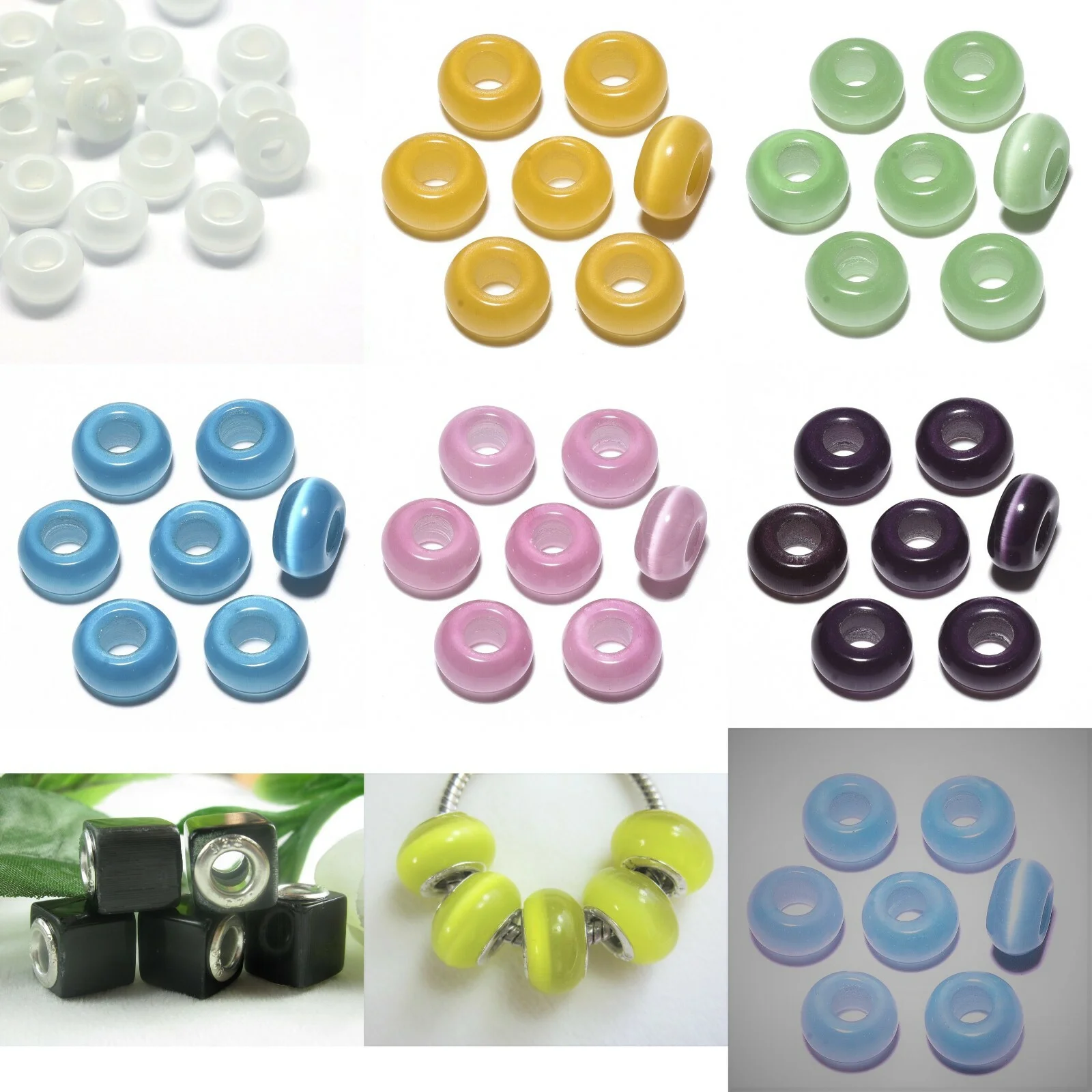 NEW!! 5pc Cat Eye Glass Rondelle European Big Hole Beads Jewelry 7x14 6 Colors
