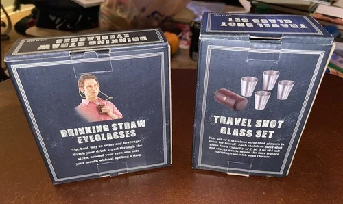 New Buxton Drinking Straw Eyeglasses & Travel Shot Glass Set In Original Boxes 2