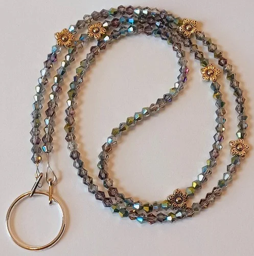 NEW! EYEGLASS NECKLACE Chain Loop GREY CRYSTAL Flower Bead Holder Glasses iCandy