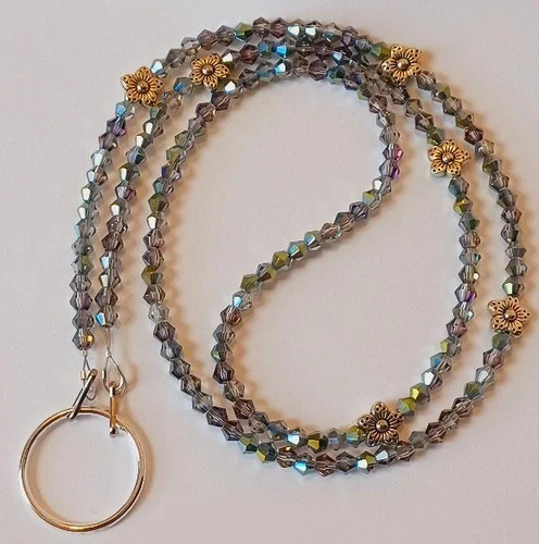 NEW! EYEGLASS NECKLACE Chain Loop GREY CRYSTAL Flower Bead Holder Glasses iCandy 3