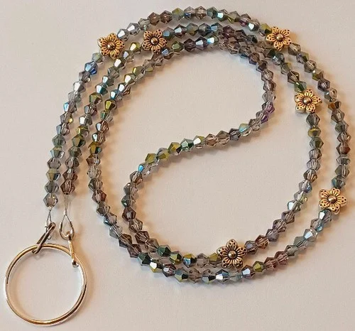 NEW! EYEGLASS NECKLACE Chain Loop GREY CRYSTAL Flower Bead Holder Glasses iCandy 4