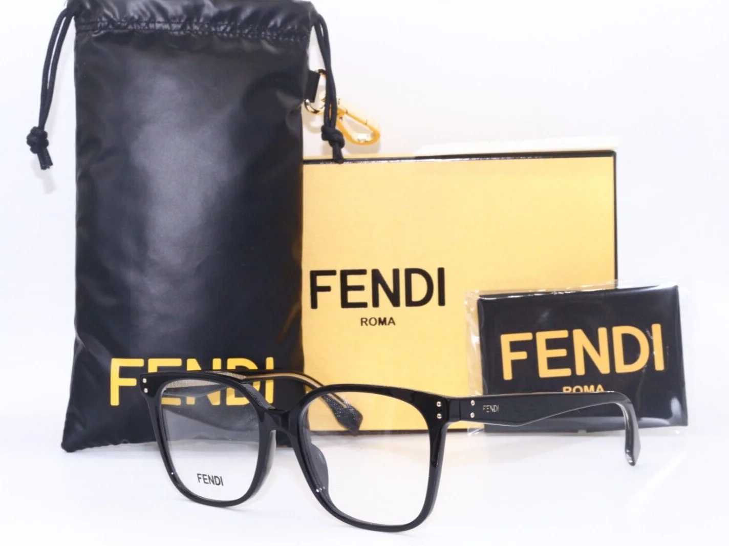 NEW FENDI FE 50004I 001 BLACK GOLD SQUARE AUTHENTIC FRAMES EYEGLASSES 53-17