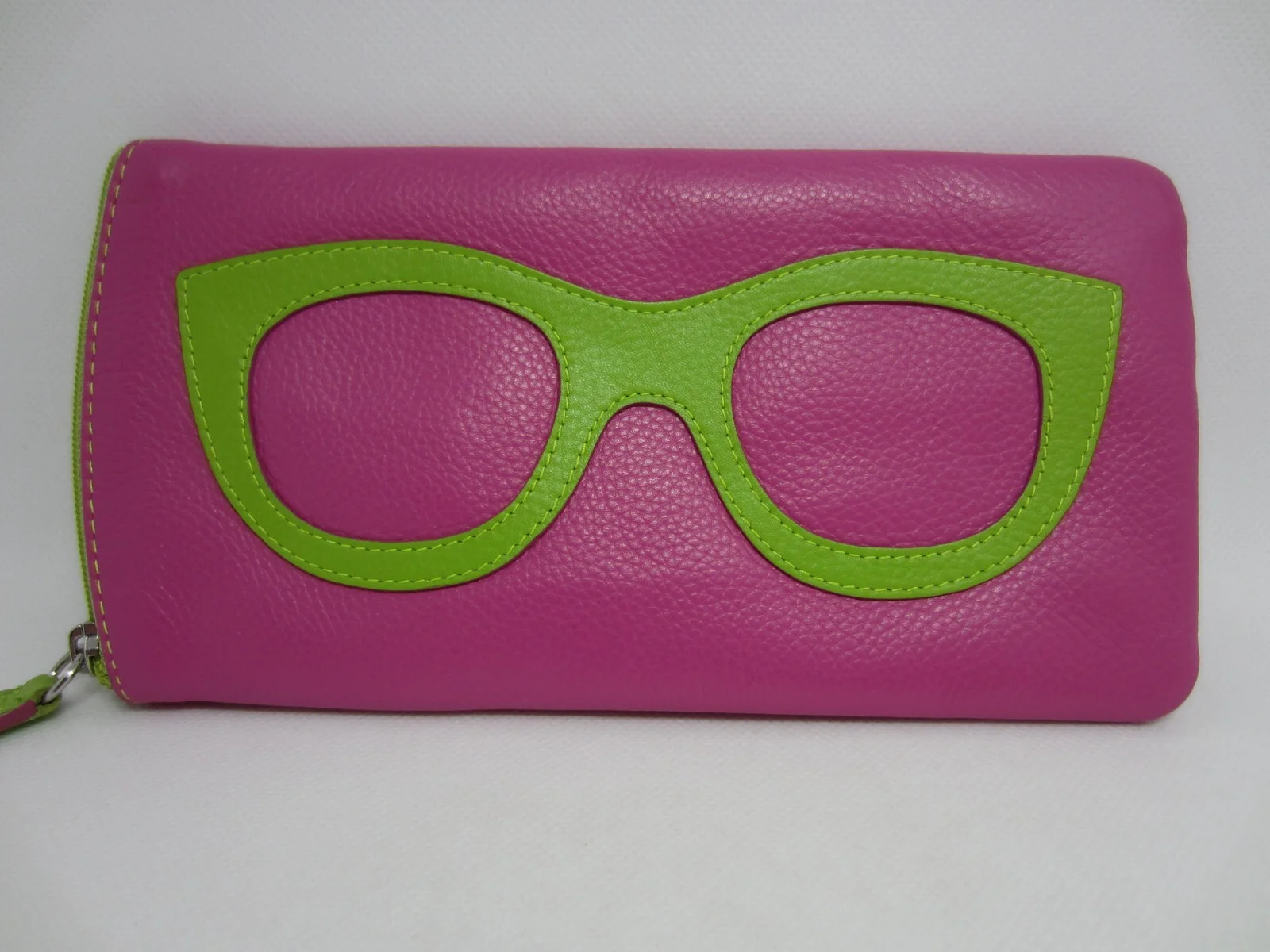 New ili New York Eyeglass Sunglass Case Pink Green Zipper Soft Pebble Leather 1