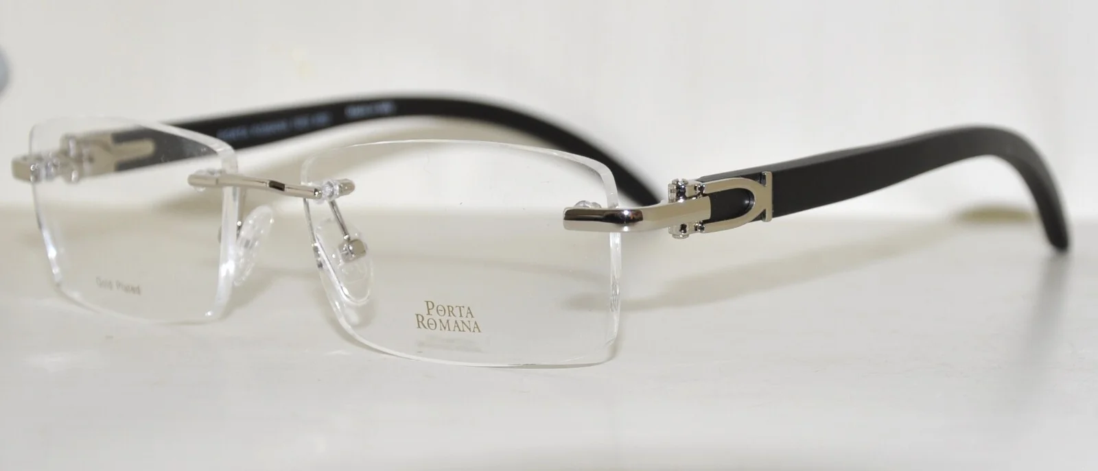 New Porta Romana 1953 Eyeglasses Silver Black Wood Rectangular Rimless 56mm