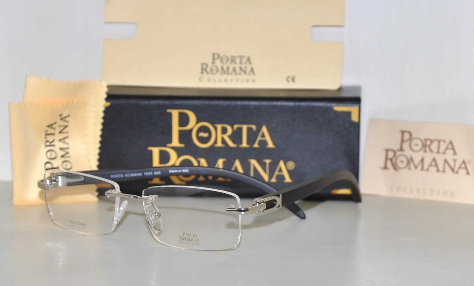 New Porta Romana 1953 Eyeglasses Silver Black Wood Rectangular Rimless 56mm 2