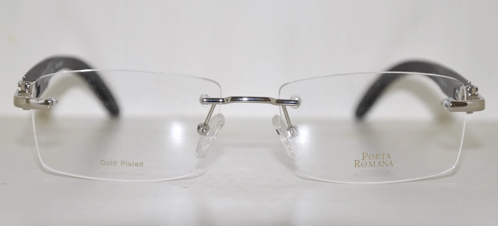 New Porta Romana 1953 Eyeglasses Silver Black Wood Rectangular Rimless 56mm 3