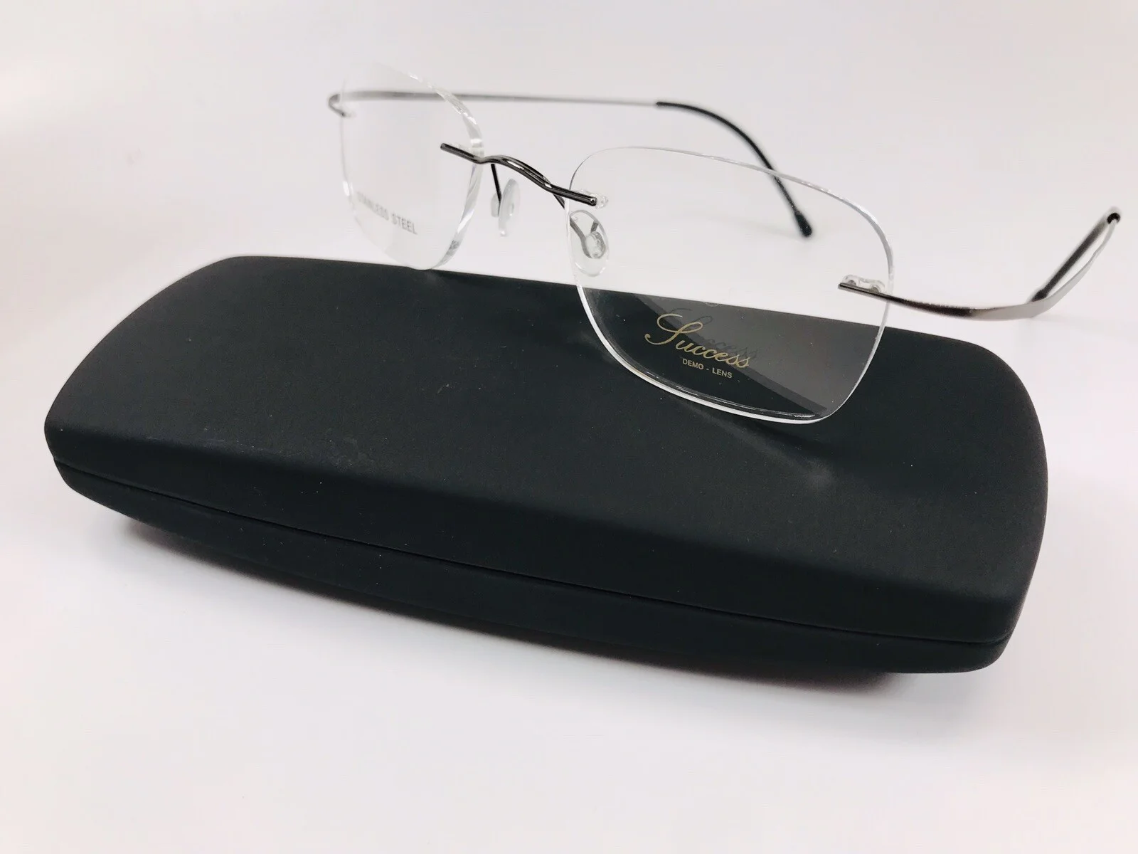 New Success SS 240 #1 Gunmetal Drill Mount & Hingeless Eyeglasses 50mm with Case