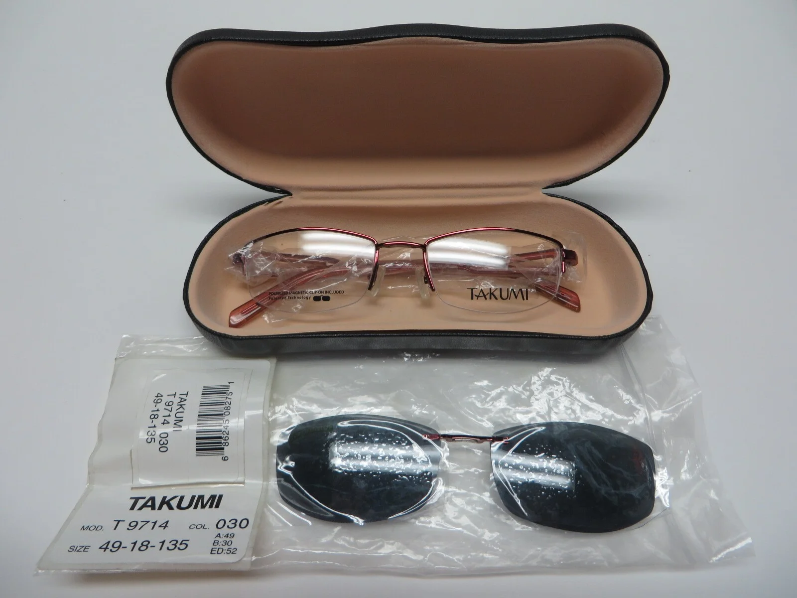 New Takumi red metallic half-rim frames with polarized magnetic clip 49-18-135