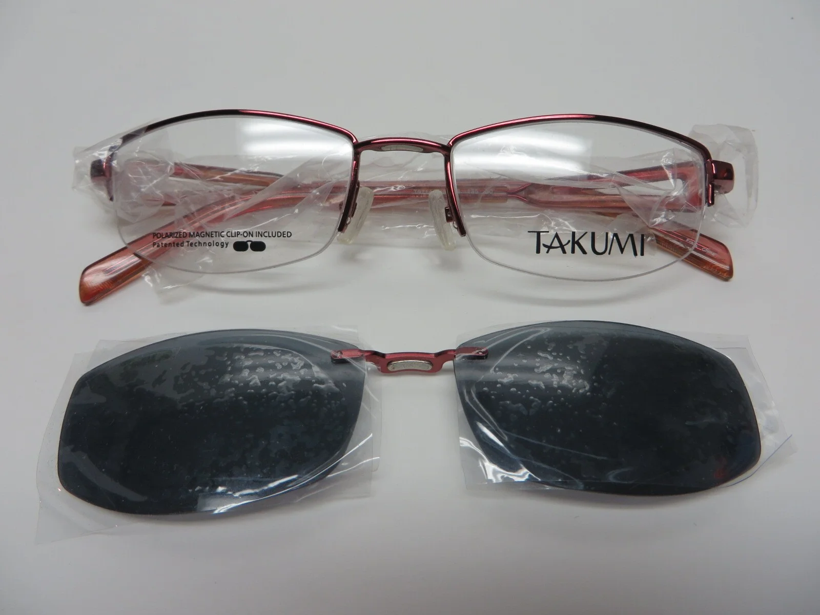 New Takumi red metallic half-rim frames with polarized magnetic clip 49-18-135 2