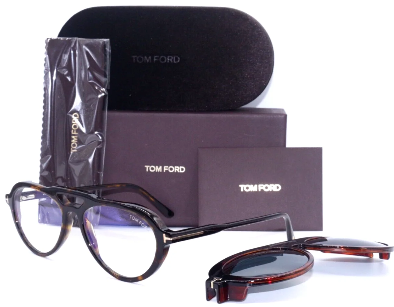 NEW TOM FORD TF 5760-B 052 HAVANA W/HAVANA CLIP ON AUTHENTIC EYEGLASSES 55-17