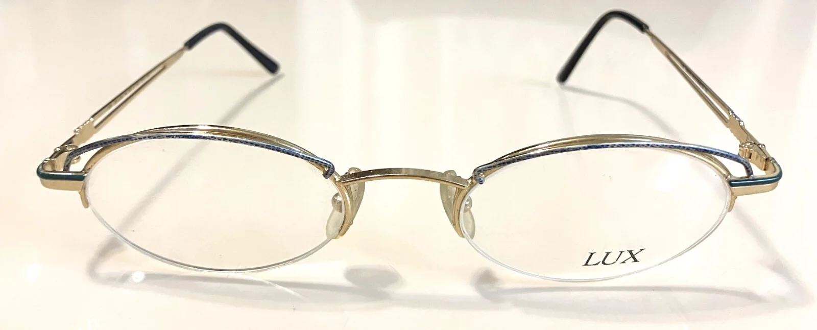 New Unique Ladies Gold LUX Eyeglasses Blue Decorated Matching Rim & Temples SALE