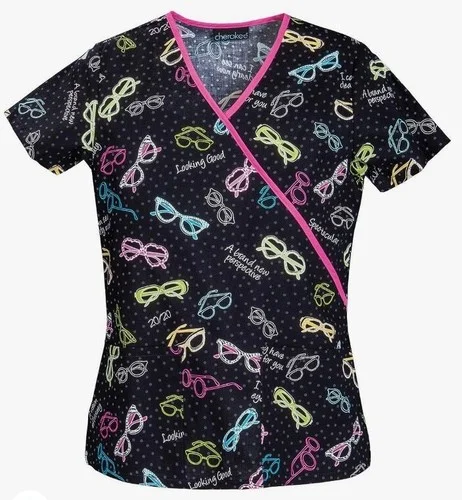 New Womens Cherokee Black Multi Scrub top Only Have Eyes Size 2XL Eyeglasses
