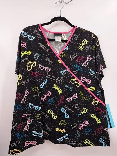 New Womens Cherokee Black Multi Scrub top Only Have Eyes Size 2XL Eyeglasses 2