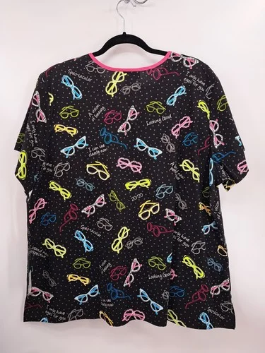 New Womens Cherokee Black Multi Scrub top Only Have Eyes Size 2XL Eyeglasses 3