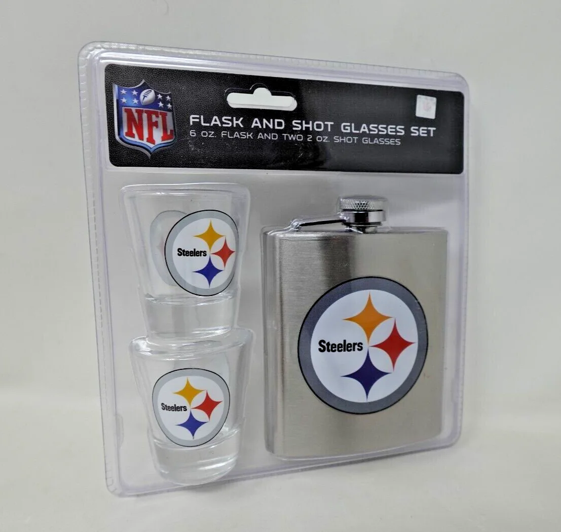 NFL Pittsburgh Steelers 6oz Flask & 2oz Glass Shot, Stainless Steel 2