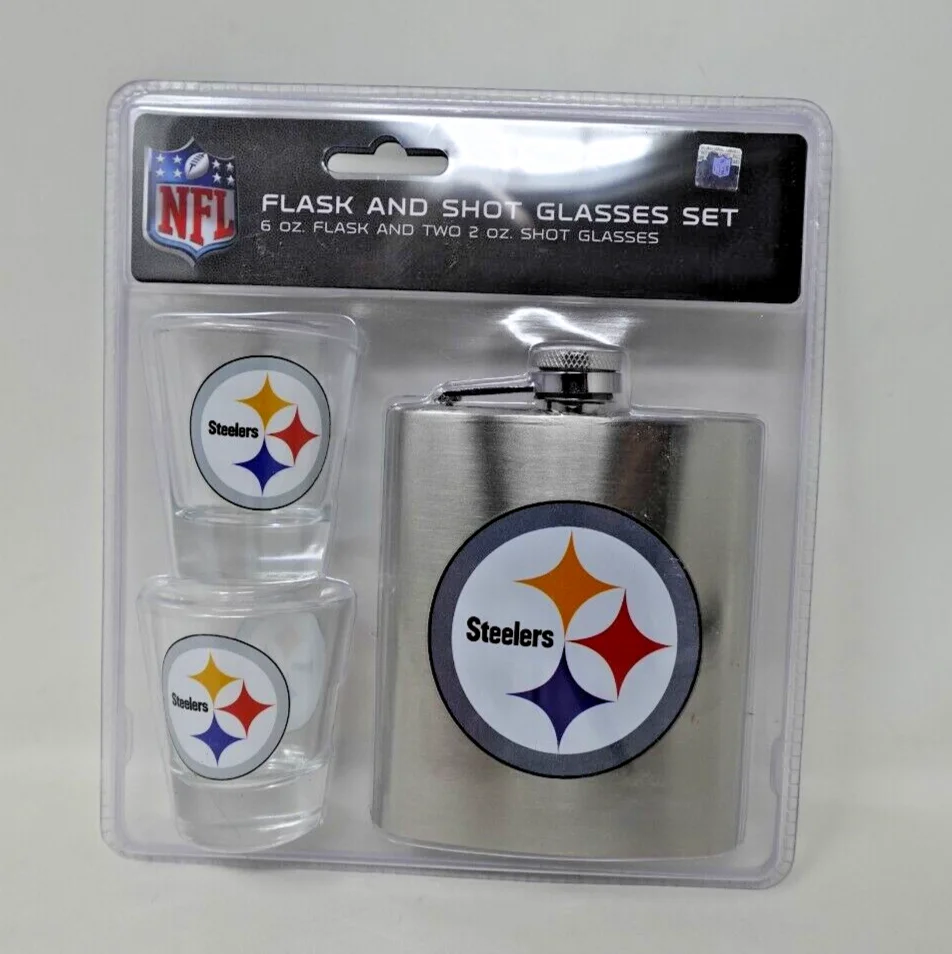 NFL Pittsburgh Steelers 6oz Flask & 2oz Glass Shot, Stainless Steel 3
