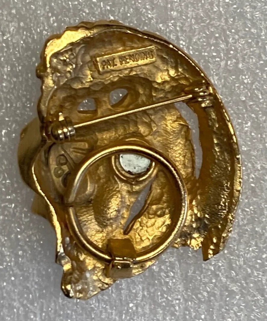 Nice Gold Tone Green Rhinestone Eyed Lion Head Eyeglass Holder Pin 2