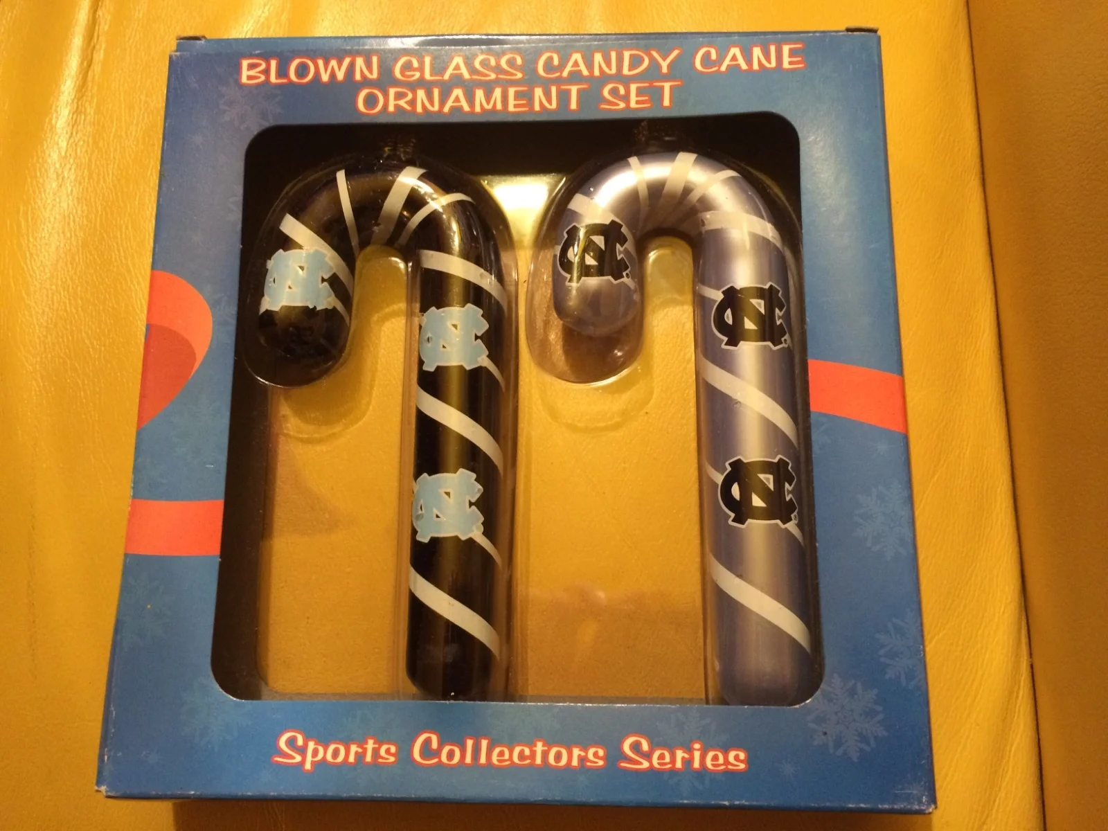 North Carolina Tarheels UNC Blown Glass Candy Cane Ornaments Chapel Hill NCAA